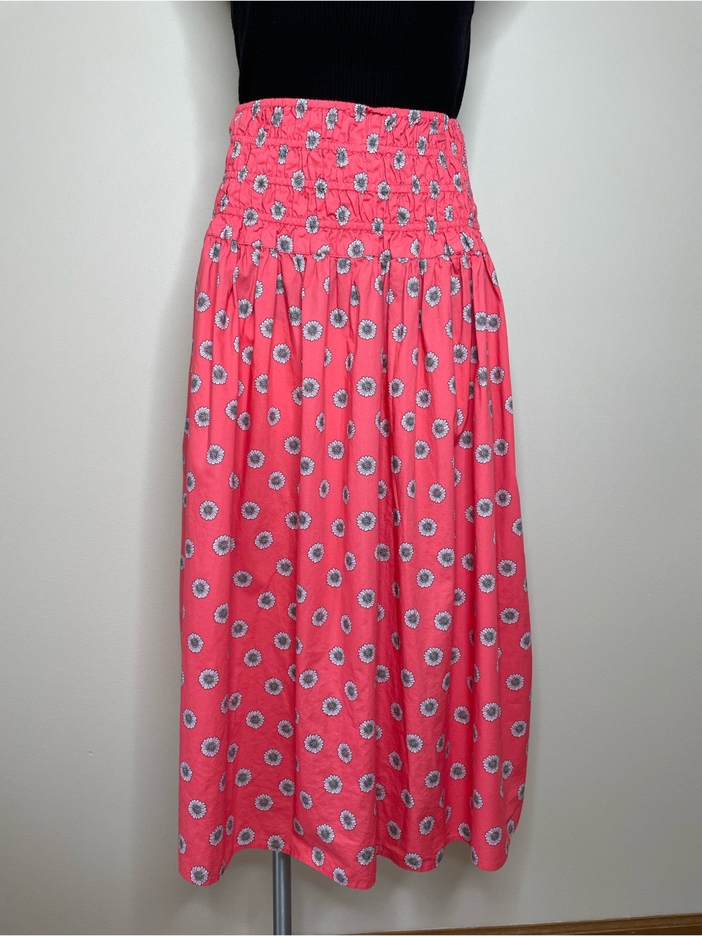 ON 34th Coral Pink Floral 100% Cotton Smocked-Waist Midi Skirt